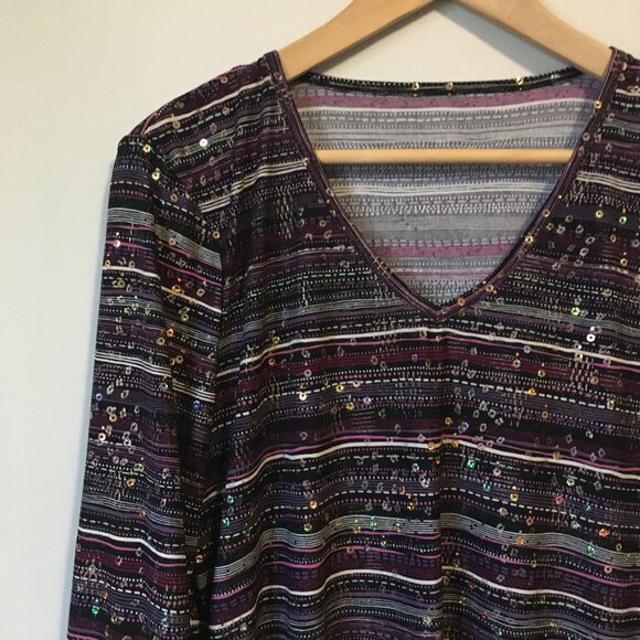 Peter Nygard Stretchy Striped + Itty Bitty Rosette Sequin Top - Picture 3 of 16